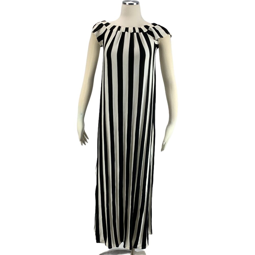J Mode NWT Small Black White Striped Dress Maxi d682 Stretch Rayon